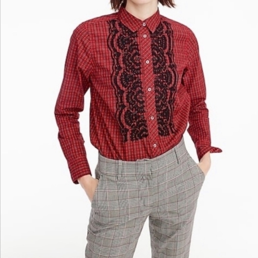 J. Crew Red and Black Lace Detail Shirt - Picture 2 of 6